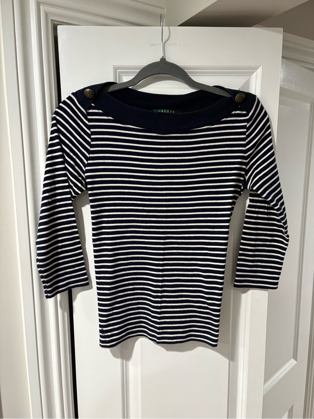 Striped Navy and White Boatneck Top with Button Detail